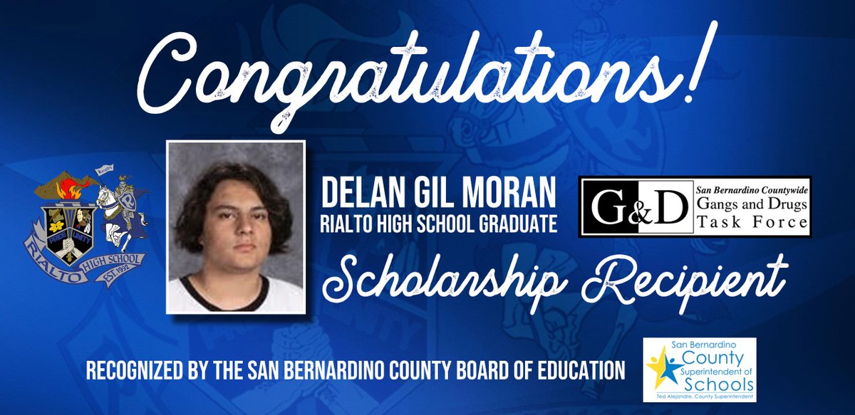Congrats to Rialto HS grad Delan Gil Moran for earning a $1,000 scholarship from the San Bernardino Countywide Gangs &amp; Drugs Taskforce at today’s SB County Board of Education meeting. Delan was the only RUSD student &amp; 1 of 22 students from SB County to earn the honor. Congrats!