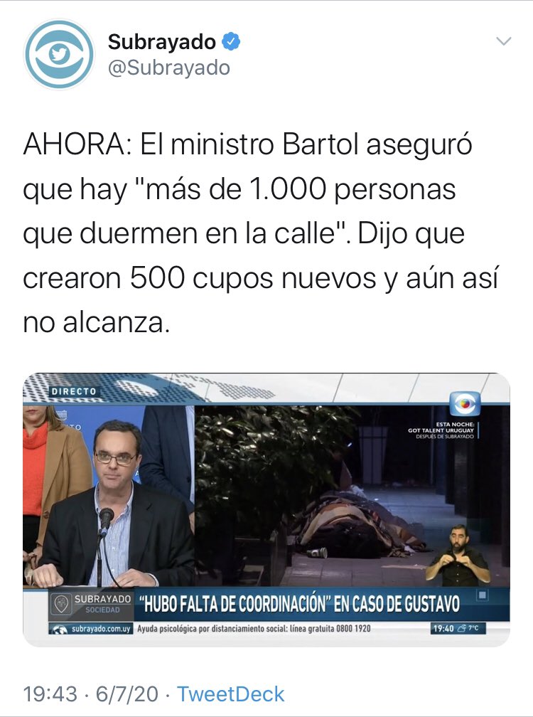 Bartol miente. 

Dice que crearon 500 cupos nuevos y, con eso, alcanzaron los 1600 cupos...

En julio del año pasado había 2000 cupos...

Bartol decidió afrontar el invierno con 400 cupos MENOS que el año pasado!! En medio de una pandemia!

IRRESPONSABLE

Bartol debe renunciar
👇