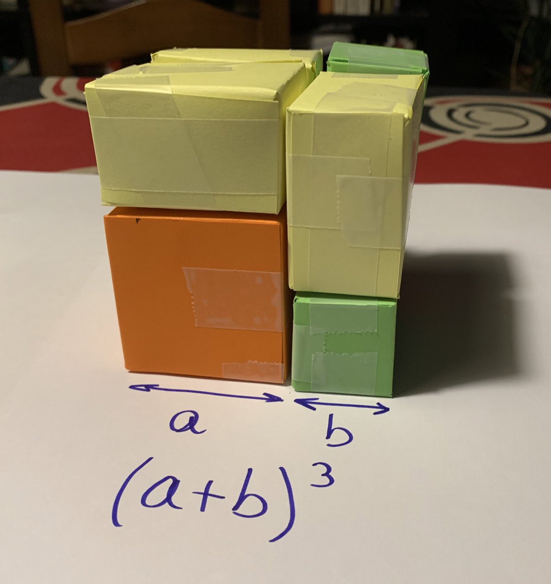 Papaver23's tweet photo. 🖍📏📐Dibuixem
✂️✂️Retallem
🏗Construim
Dimensió connexions: #algebra i #geometria
Demostració visual 👀
A què és igual el cub de la suma de a i b?
(a+b)^3=a^3+3a^2b+3ab^2+b3
Activitats pel #LabMaths @INSJoanOro
@creamat1 @MMACA_cat @LleimatLleida @xarxaCb https://t.co/2yvz38iwe3