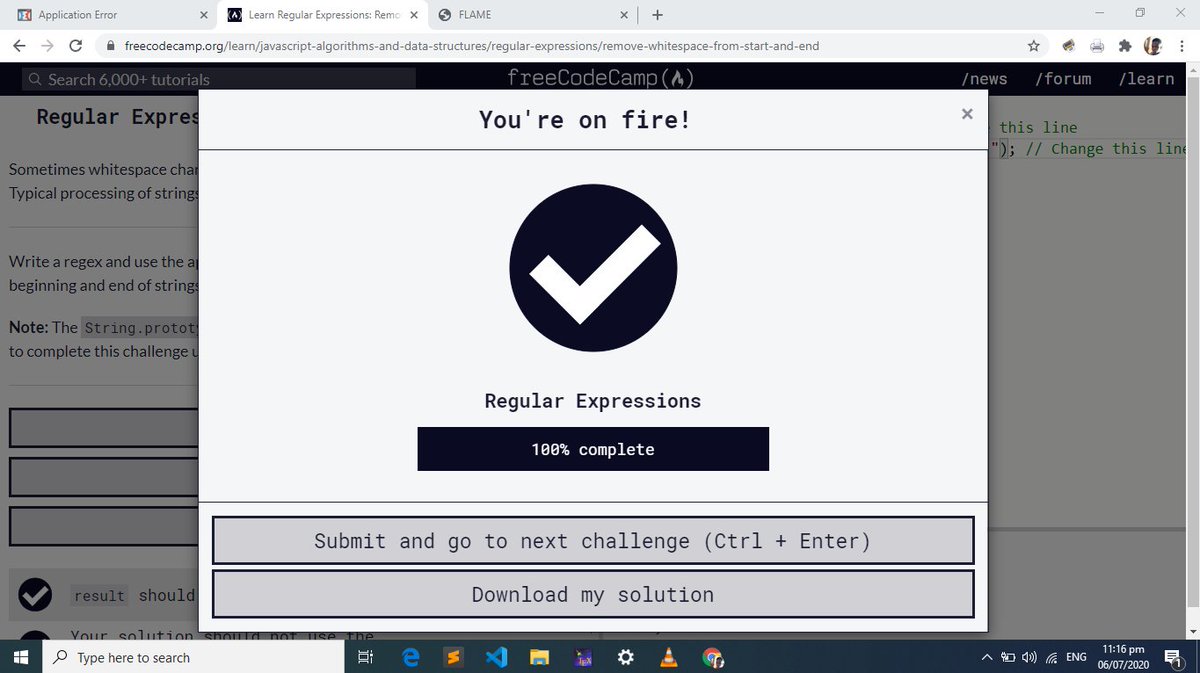 LoveWiz11's tweet image. Day 99
Whew, finally finished the Regular Expressions course @freeCodeCamp ... Hope to complete my personal &quot;flames&quot; website project tomorrow...
#100DaysOfCode 
#CodetrainChallenge