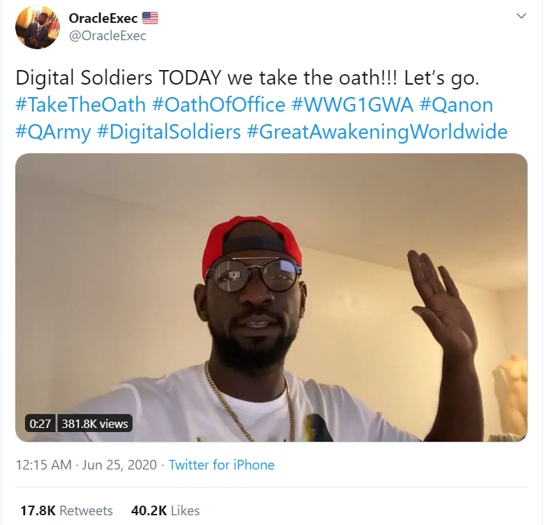 A selection of some popular videos of followers taking the oath. All mention the favourite Q slogan WWG1WGA at the end. Biggest video is from none other than Gen Michael Flynn himself. Add up view counts on all these clips and we're easily in the several million views territory