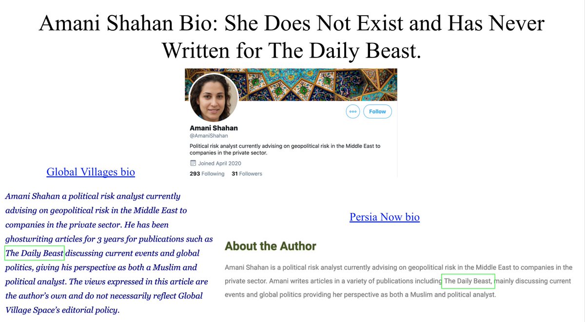 And then there's their bios. A few had LinkedIn pages. Most didn't. My favorite was the author page for "Amani Shah" at  @GVS_News. Imagine my surprise when I found out she claimed to do "ghostwriting" for The Daily Beast  https://www.globalvillagespace.com/rohingya-the-most-persecuted-minority-in-the-world/