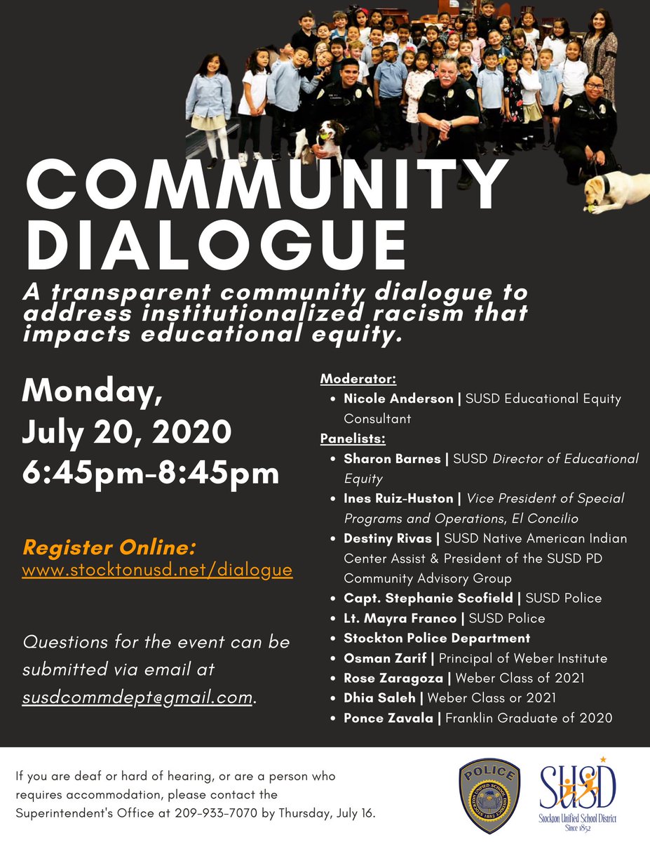StocktonUnified's tweet photo. Please join us for a transparent community dialogue to address institutionalized racism that impacts educational equity.

Questions for the dialogue may be submitted via email at susdcommdept@gmail.com.

Register online: https://t.co/53T3SwJgIB

#StocktonStrong #Proud2bSUSD https://t.co/ygjKaMYjbb