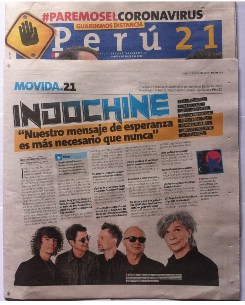 Indochineperu's tweet photo. 06 juillet 2020.
Journal @peru21noticias
@indochinetwitt : "Notre message d'espoir est plus nécessaire que jamais"
@nicolasirkis
Enlace▶️ https://t.co/nYtRpHsJXj
#Indo40 #Indochineperu #Indochine #entrevista #zoom #peru21 #RockFrances #popFrances #cultura #concierto https://t.co/SwcLh4A7Ud