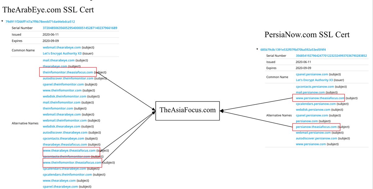Most of these fake personas wrote for two websites, The Arab Eye and Persia Now. The sites don't say so but they're linked. Created on the same day. Share a google analytics account. Both at the same IP. Share SSL certs with the same group of other websites.