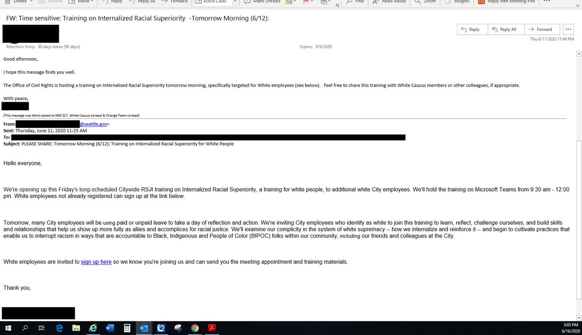 As  @DrKarlynB first reported, the invitation for this training was strictly segregated to "white City employees." The goal is to teach them how they have "complicity in the system of white supremacy" and must be held "accountable to Black, Indigenous, and People of Color."