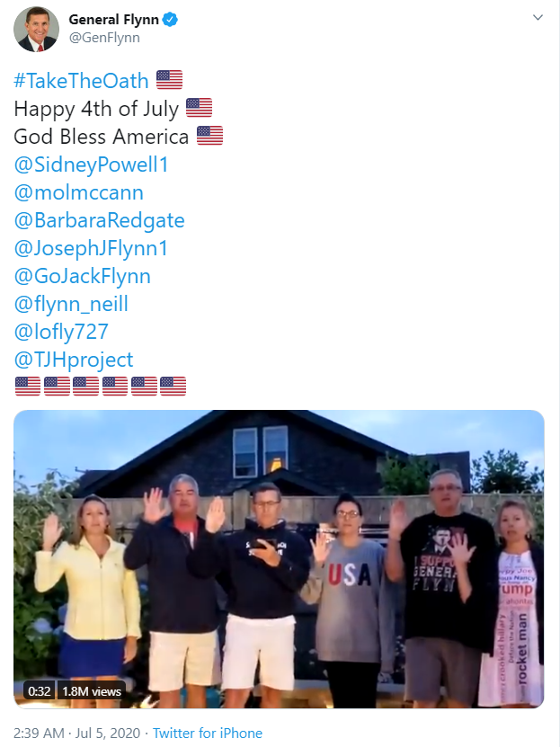 A selection of some popular videos of followers taking the oath. All mention the favourite Q slogan WWG1WGA at the end. Biggest video is from none other than Gen Michael Flynn himself. Add up view counts on all these clips and we're easily in the several million views territory