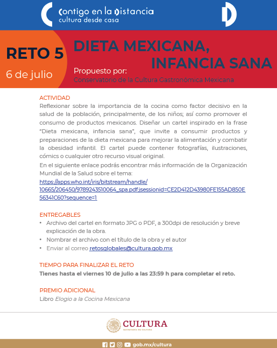 CCGM_Mexico's tweet photo. CONVOCATORIA | CCGM y @cultura_mx lanzan #RetoGlobal "Dieta mexicana, infancia sana". Participa diseñando 1 cartel que invite a consumir productos mexicanos para combatir obesidad infantil. Más info👉🏼https://t.co/4Cs3vaOeVh
¡Tienes hasta el 10 de julio! #RegresoALaDietaMexicana https://t.co/EXEyiKpHs2