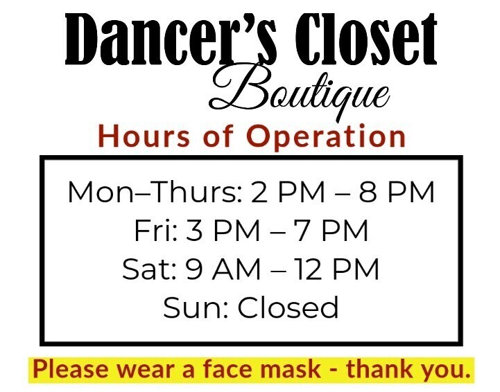 Dancer's Closet Boutique Hours of Operation 💙 Monday-Thursday: 2:00 p.m. - 8:00 p.m. Friday: 3:00 p.m. - 7:00 p.m. Saturday: 9:00 a.m. - 12:00 p.m. Sunday: Closed 🌟Please bring your face mask with you.🌟 Thank you. • • #MJPAA #DancersClosetBoutique #DCB