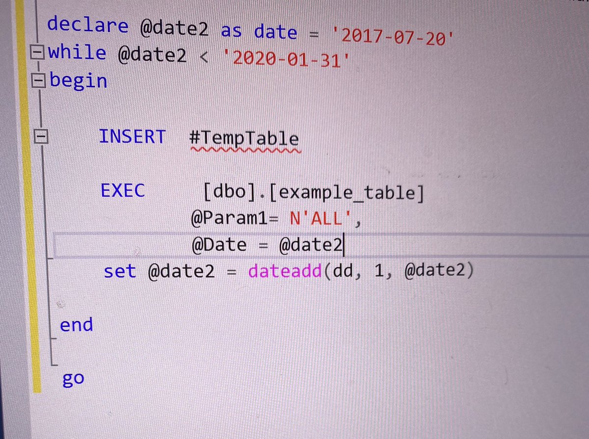 sarahrunbailey's tweet photo. Rare SQL tip because I don’t like to step too far out of my lane. Useful to create temp table and loop through some parameter in a stored proc.... #nerd #stats #sql #getyourdata #MondayMood https://t.co/xy8n9GpYL7