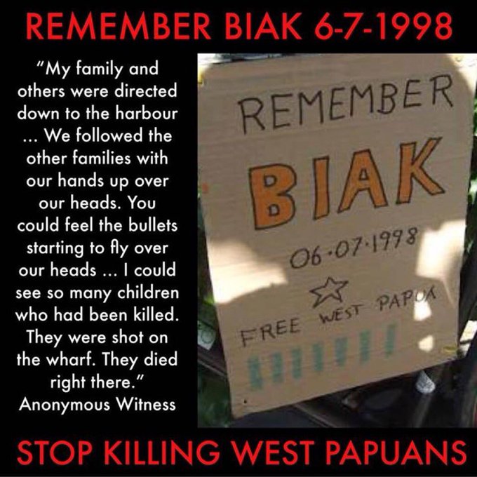 PurePapua's tweet photo. #WestPapua They made us 'illegal'. Our 'lives' are illegal on their land, whilst their massacres are service to their country on ours.

#Biak, #Paniai #Tolikara #Wasior #Wamena #Mapenduma #Nduga massacres. 

Indon don't give a fuck about #humanrights https://t.co/u5XPN6q9Kg