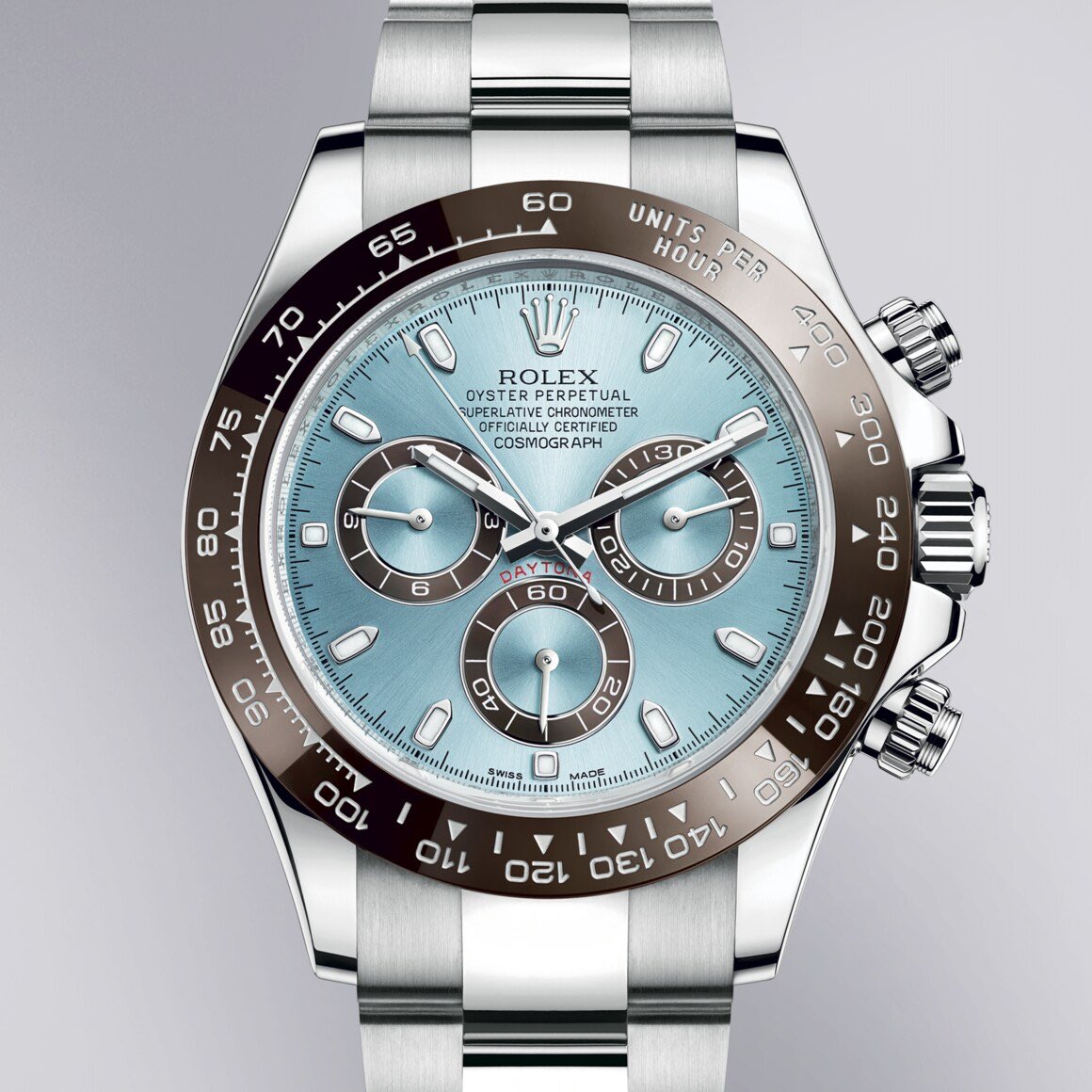 HughRice's tweet photo. The watch born to race. The Rolex Cosmograph Daytona in platinum, 40 mm case, ice blue dial, an Oyster bracelet. #Rolex #CosmographDaytona https://t.co/eYoP0ecKtD