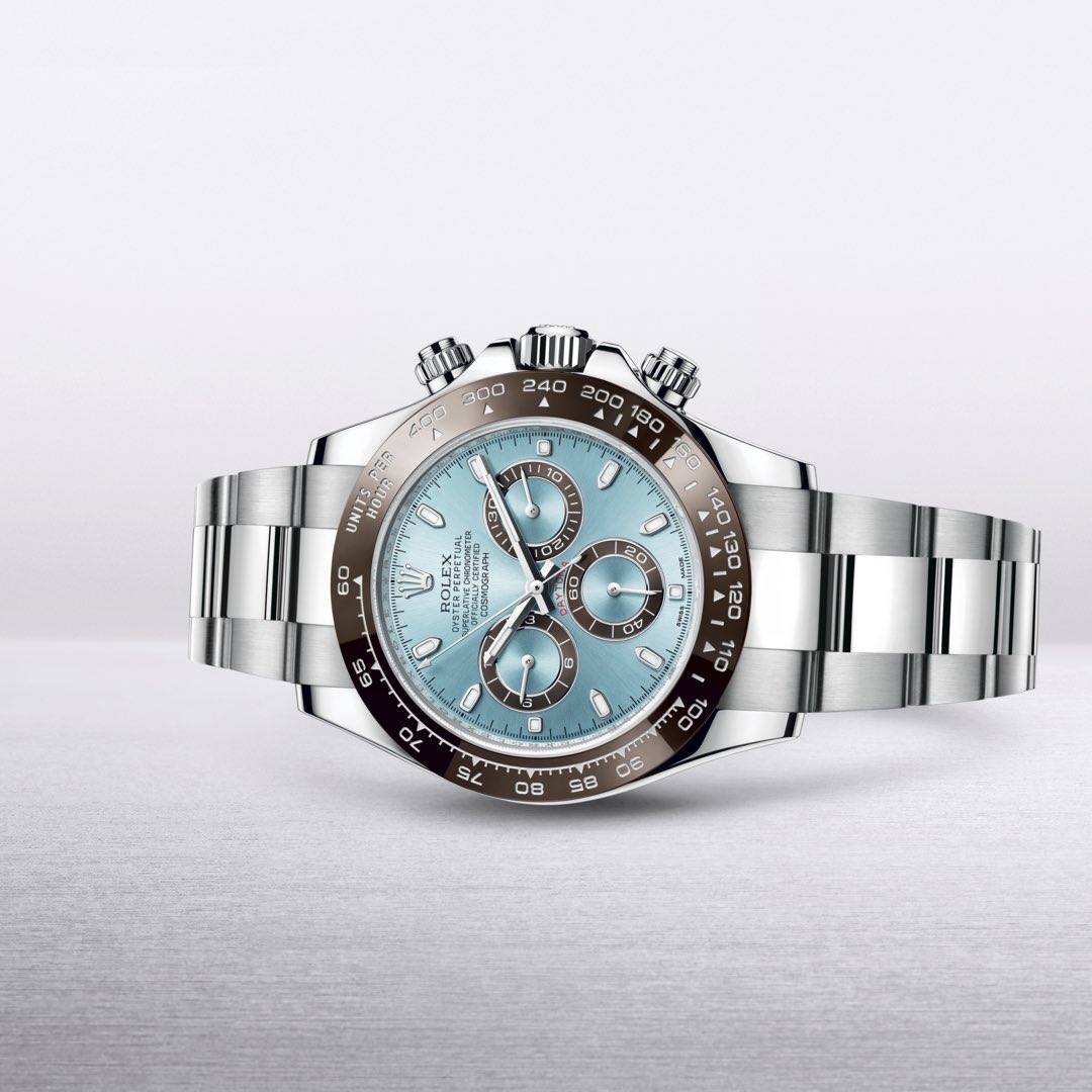 HughRice's tweet photo. The watch born to race. The Rolex Cosmograph Daytona in platinum, 40 mm case, ice blue dial, an Oyster bracelet. #Rolex #CosmographDaytona https://t.co/eYoP0ecKtD