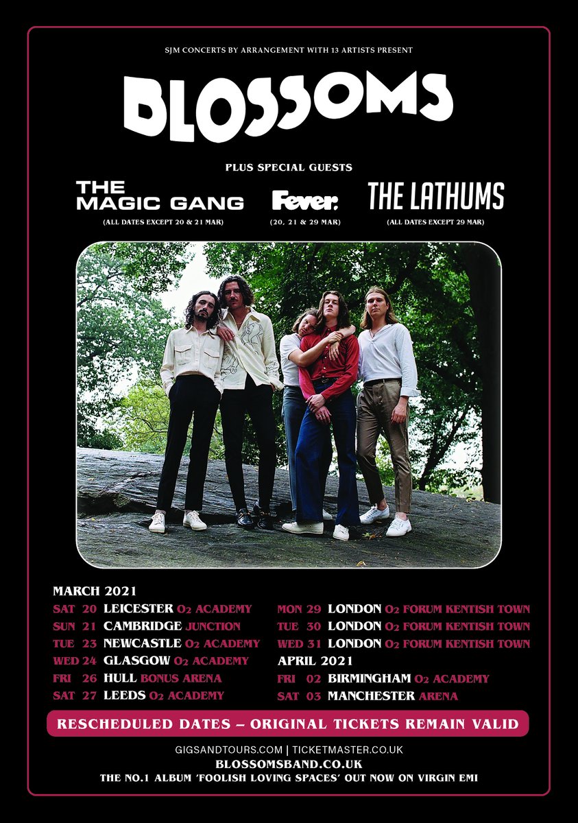 We’re very pleased to announce that we’ll once again be supporting <a href="/BlossomsBand/">BLOSSOMS</a> on their rescheduled UK tour in March 2021! 

All original tickets remain valid, with any remaining ones available from gigst.rs/Blossoms✌🏻