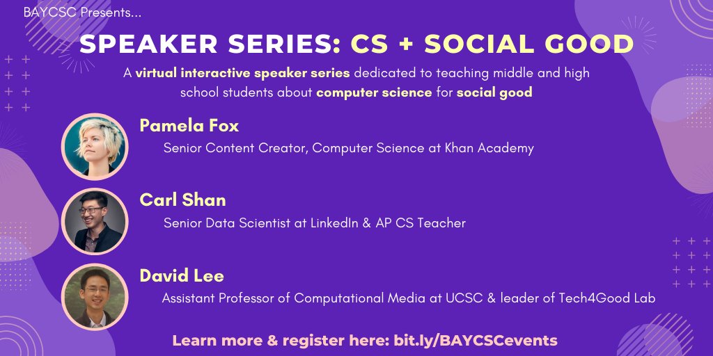 baycscouncil's tweet photo. We're hosting a 3-part virtual speaker series this summer for middle &amp; high school students! Hear from professionals in the tech industry to learn &amp; explore what CS+social good means! 💻🙌#CSForAll #EdTech #STEMeducation 

To see dates/times &amp; to sign up: 
https://t.co/dVfrStKZdi https://t.co/DcwzV0G2ag