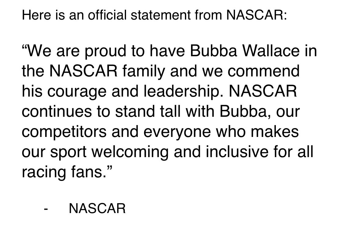 MartySmithESPN's tweet photo. NASCAR just sent this statement via email to media in response to President Donald Trump tweet earlier today: https://t.co/wS0NtQZfI4