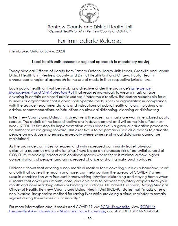 RCDHealthUnit's tweet photo. View #RCDHU's media release, announcing a regional approach to mandatory masks as a means to limit the spread of #COVID19. This will be in addition to the public health measures already in place. 
#PhysicalDistancing  #WashYourHands🤲

More info at: https://t.co/miBQnG5wEa https://t.co/SRYaEdaNmW