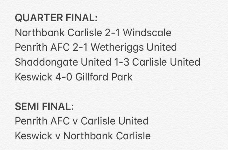 KyleDixon30's tweet photo. #CumbrianPinBadgeNorthernShield Quarter Final results and Semi Final fixtures below https://t.co/OkAMnUjXvC