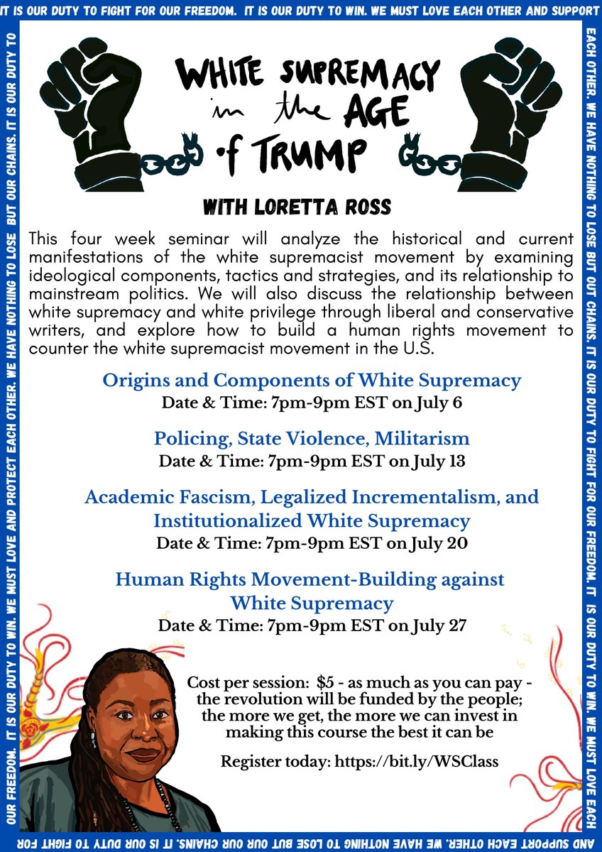 fcwsrc's tweet image. Starting July 6, a four-week seminar on white supremacy and human rights led by former FCWSRC Research Associate @LorettaJRoss.