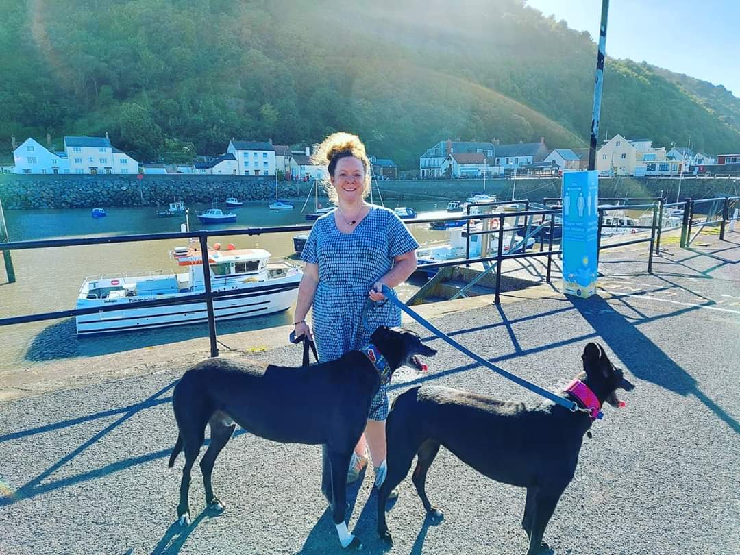 FryattJen's tweet photo. Sun, sea and relaxing times with @jamskullfox.  #minehead #houndsonholiday #sunshine #greyhounds https://t.co/YkBDMsi04z