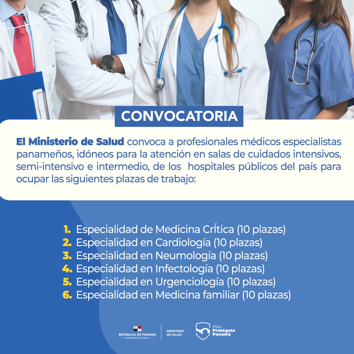 MINSAPma's tweet photo. Convocatoria para profesionales médicos especialistas panameños. Los documentos serán recibidos desde hoy lunes 6 de julio hasta el miércoles 8 de julio en el horario de 8:00 a.m. a 3:00 p.m. en la Dirección de Recursos Humanos del Ministerio de Salud (sede de Ancón). https://t.co/zyAsEBVivR