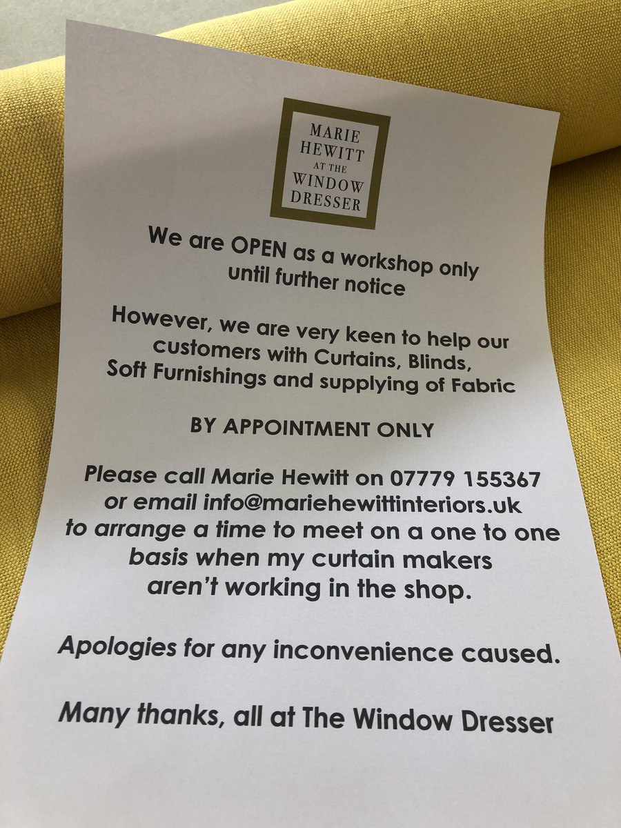 Due to being able to socially distance in our shop/workroom we are open for customers it’s by appointment only! This is our shop notice that has gone up so if we can help with anything to do with fabric please don’t hesitate to call! 😷😊👍