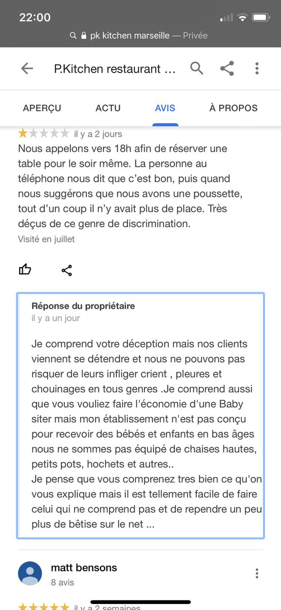 J’ai laissé un avis sur le resto qui m’a refusé Car j’avais une poussette. Voici la réponse