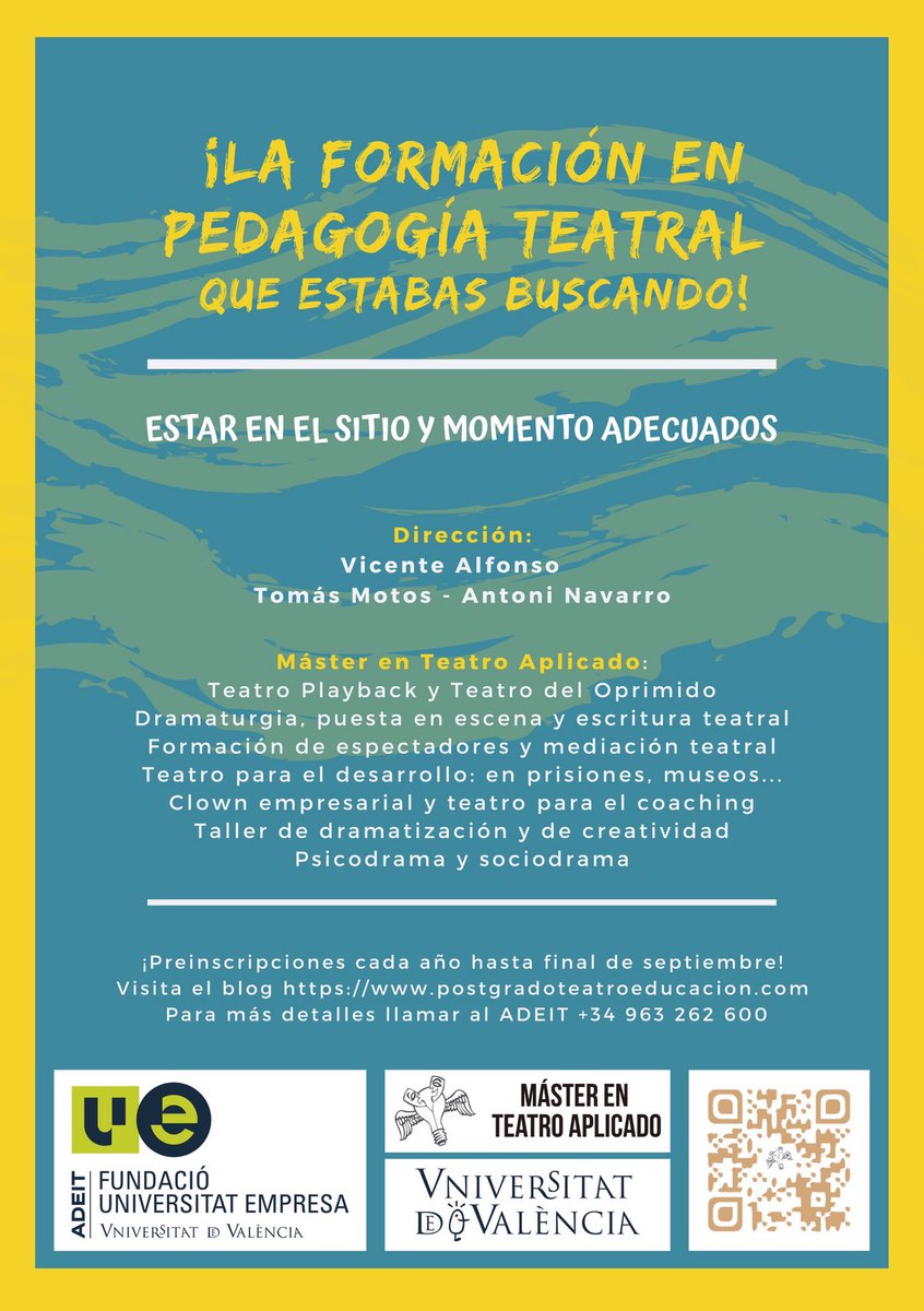 Este es el momento de seleccionar tu curso de Postgrado para 2020-21. Estamos preparados tb para la docencia online.
👇🏻postgradoteatroeducacion.com/inscripcion/
#dramatización
#teatroaplicado
#teatrodeloprimido
#improvisaciónteatral
#escriturateatral
#dramaturgia
#teatrofísico
#teatroenlaeducación