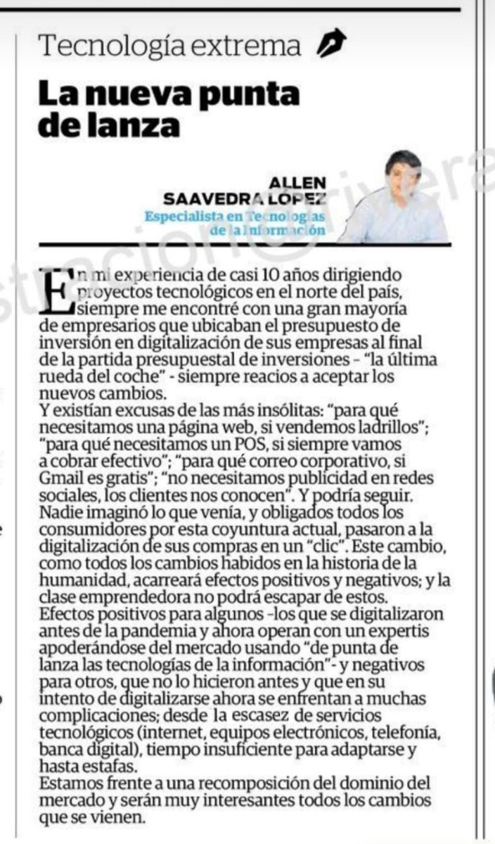 LenSL's tweet image. 📢 Les comparto mi opinión "Las tecnologías de la información como punta de lanza para los negocios en tiempos de pandemia"👨‍💻
Diario El Correo Edición Piura 🗞️