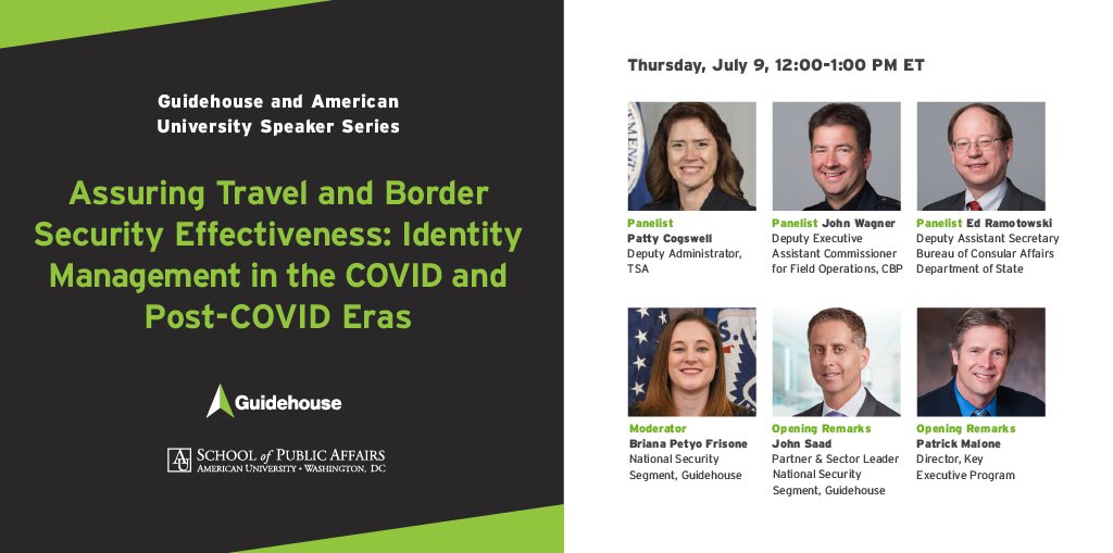 AU_SPA's tweet photo. Join SPA &amp; @Guidehouse for the webinar "Assuring Travel and Border Security Effectiveness," on July 9 at noon w/ panelists from the TSA, CBP, &amp; State Dept. They will discuss how #COVID19 has impacted U.S. visa operations, travel, and border security. RSVP: https://t.co/t0GSbuDxx4 https://t.co/QcGEFajXnQ