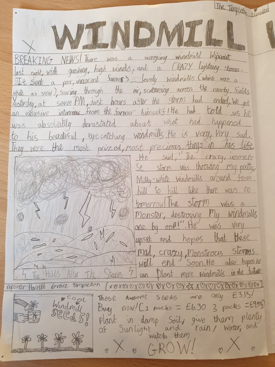 AndreaTempleto9's tweet photo. @OlqopPrimary @Seuratclass following on from the news last week we have a written account of Windmill Wipeout 😍 from the Templeton Times newspaper! https://t.co/JDE8sjKoOv
