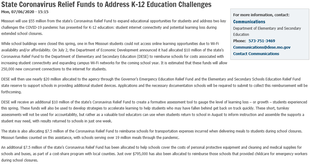 MOEducation's tweet photo. NEWS: State Coronavirus Relief Funds to Address K-12 Education Challenges
#ShowMeSuccess #COVID19 

https://t.co/vzCWFeOlPa https://t.co/AlpevhiLd2
