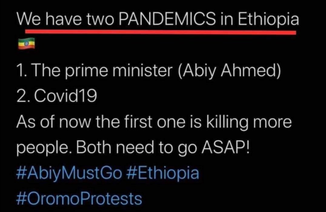 KaasimArsii's tweet photo. As we have two pandemic in the country specially in oromia region
1 prime Minister of Ephiopia the most u killed people
2 covid 19 #abiiy must go #abiiy is killer #free jawar Muhammad
#hamza borana
#bakele gerba
#fre all oromo journalists
#free all political prison https://t.co/Sk0Ht84UuG