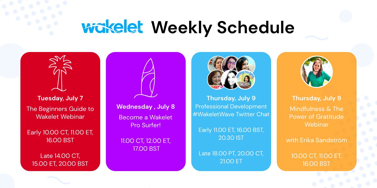 wakelet's tweet photo. Join the Wakelet Team this week for some great PD opportunities!📺🔥😀
🌊Beginner's Guide: Tue 4pm & 8pm bst https://t.co/09J4FCyQV1
🏄♀️Become a Pro Surfer: Wed 5pm bst https://t.co/OgrNzGCo2A
🌟Community Special: Thurs 4pm bst https://t.co/pFtn4TTkrp
We hope to see you there! https://t.co/PtM4p9jVpy