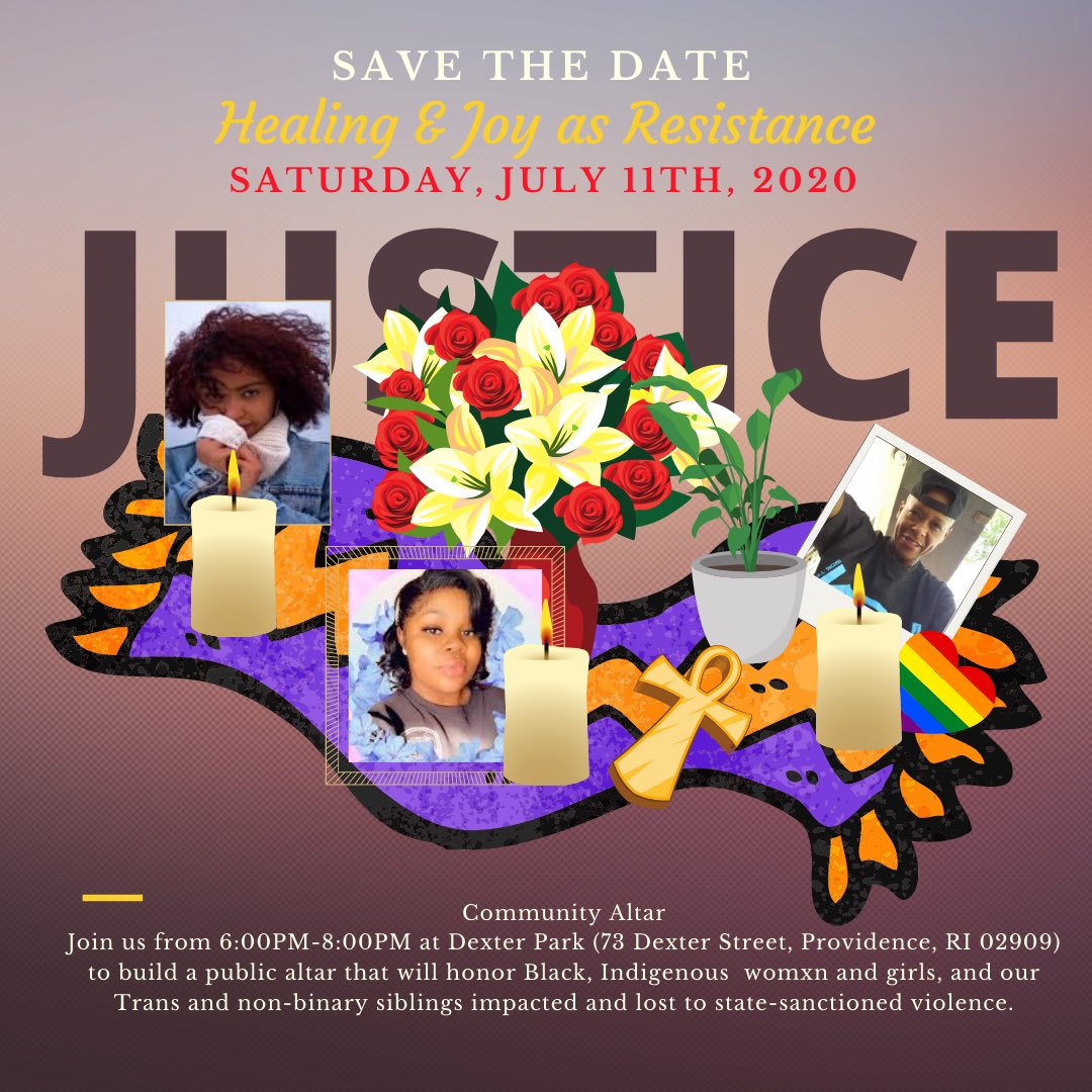 SISTAFireRI's tweet photo. HEALING &amp; JOY AS A FORM OF RESISTANCE

The altar will honor Black, Indigenous womxn and girls, and our trans and non-binary siblings most impacted and lost to state-sanctioned violence. 

We will carve out space to lift our experiences and bring them front and center! https://t.co/cEYZdNZxMl