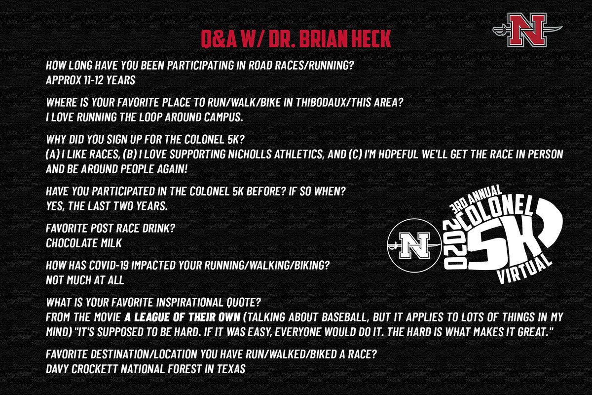 Nicholls_XCTF's tweet photo. The Colonel 5k Virtual is fast approaching, and we're PUMPED to see everyone out completing their runs! Dr. Brian Heck has been competing since the event's creation in 2018...check out his full Q&A right here:
Register: https://t.co/2lI1VzCEJ1
#GeauxColonels #NextLevel https://t.co/Rk7Na8n8wv