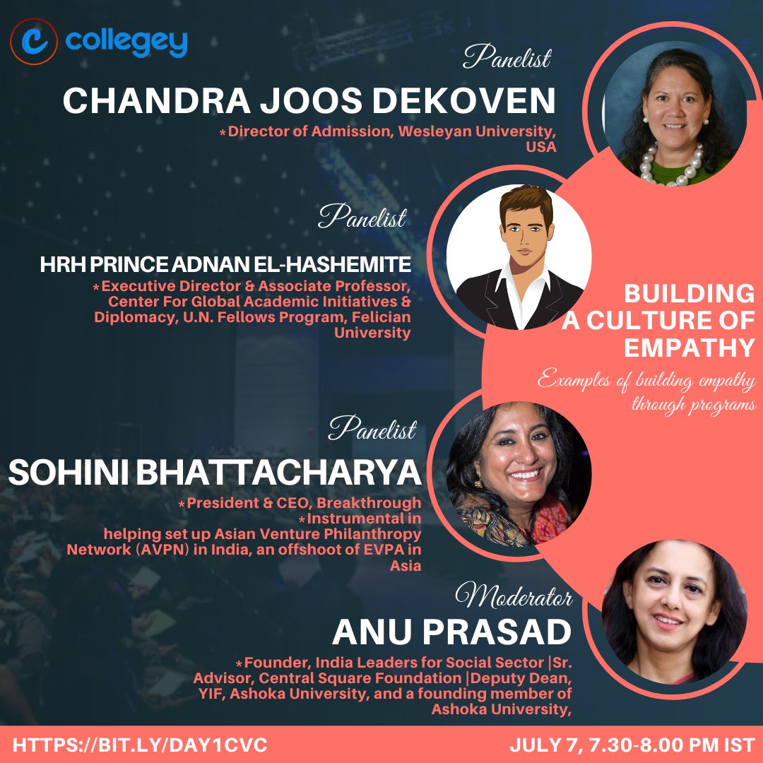 Day 2 of <a href="/BeCollegey/">Collegey.com</a> Virtual Conference.Tune in at bit.ly/day2cvc "Building Empathy through Programs" with <a href="/skjamal/">Syed K. Jamal</a> <a href="/anuprasad1907/">ANURADHA PRASAD</a> <a href="/ILSS_Official/">India Leaders for Social Sector</a> <a href="/sohinibee/">Sohini Bhattacharya</a> <a href="/INBreakthrough/">Breakthrough</a> Chandra Joos deKoven <a href="/wesleyan_u/">Wesleyan University</a> #ChallengeTheOrdinary