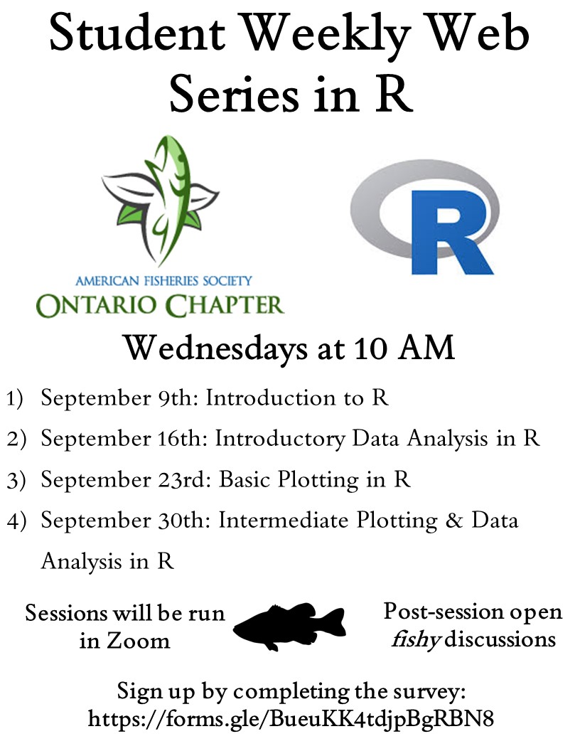 afs_ontario's tweet photo. Are you interested in learning or improving your R skills? Join us for a 4-week R Web Series in September. 
Attend the sessions of your choice! Please fill out the form if your interested and so we can keep in touch with you about the web series
https://t.co/8qBFeGIANM https://t.co/gqBOUQtpBG