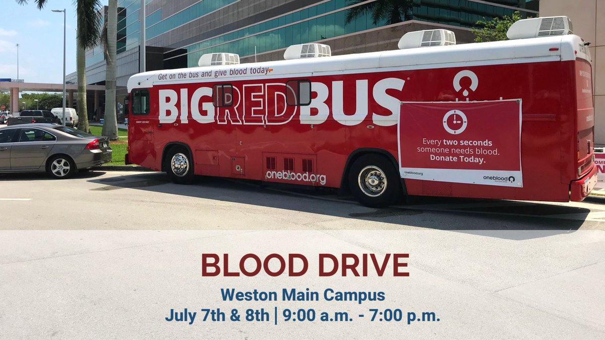 CleveClinicFL's tweet photo. Due to #COVID19, there is an urgent blood supply shortage. We need your help! Save a life by donating blood on 7/7 &amp; 7/8, 9am - 7pm at the #Weston Main Campus. Please RT to help spread the word! #CleveClinicFL #donateblood https://t.co/EvvZuLXMFV