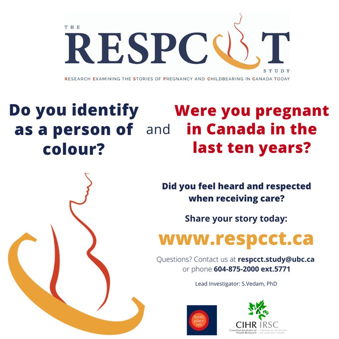 bcmidwives's tweet photo. Were you pregnant in Canada within the last ten years? 

@BirthPlaceLab has launched a survey to understand how various identities, circumstances and backgrounds impact birth. Your story can help improve care for all communities.

Complete the survey here: https://t.co/D4mpVND6aF https://t.co/xiR0KKO50P
