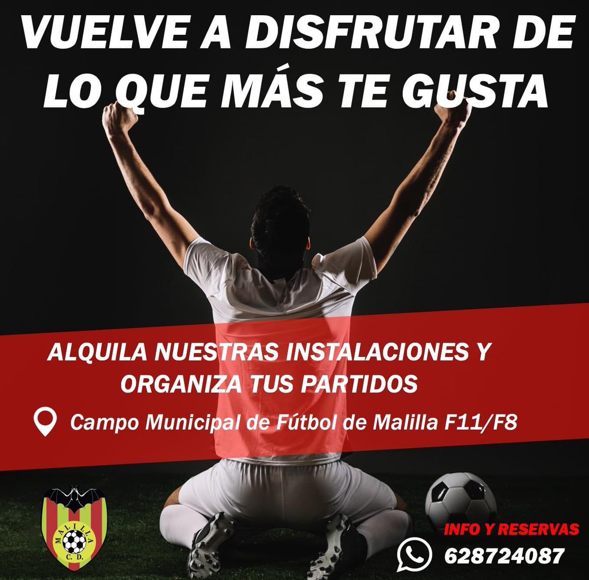 cdmalilla1969's tweet photo. ⚽️ Si quieres organizar tu partido de fútbol en el Campo Municipal de Fútbol de Malilla, sólo tienes que mandar un mensaje al siguiente teléfono:

📲 628724087

#Volvemos https://t.co/zpuG9imtzX