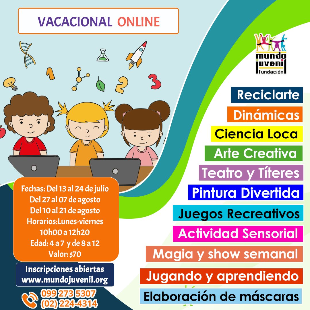 Mundo_Juvenil's tweet photo. Te invitamos al #Vacacional 2020 de #MundoJuvenil, estaremos juntos desde la comodidad de tu hogar. Puedes elegir 3 fechas: del 13 al 24 de julio, del 27 al 07 de agosto y del 10 al 21 de agosto. Formulario de inscripción: https://t.co/tInWclYuli https://t.co/zal7H23Qx9