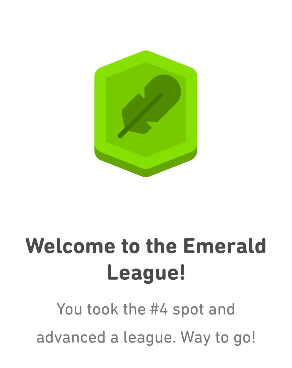 Not quite as high as previous leagues but 1st place Emerald I'm coming for you! <a href="/HodgsonMfl/">Hodgson MFL</a> <a href="/duolingo/">Duolingo</a>