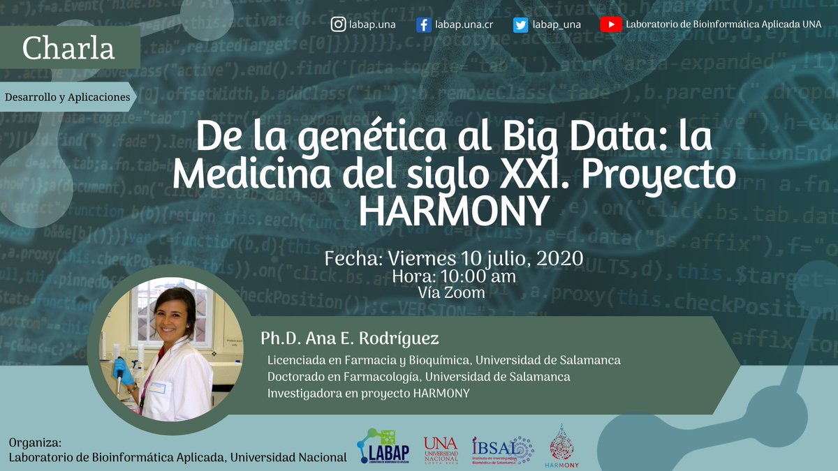 labap_una's tweet photo. La primera charla del mes ha sido reprogramada para este viernes 10 de julio a las 10:00 am.

Título: “De la genética al Big Data: la Medicina del siglo XXI. Proyecto HARMONY"

https://t.co/r9mtVlyVQW 
Meeting ID: 976 6401 9228
Password: 5200226988 https://t.co/HFXluntNE3