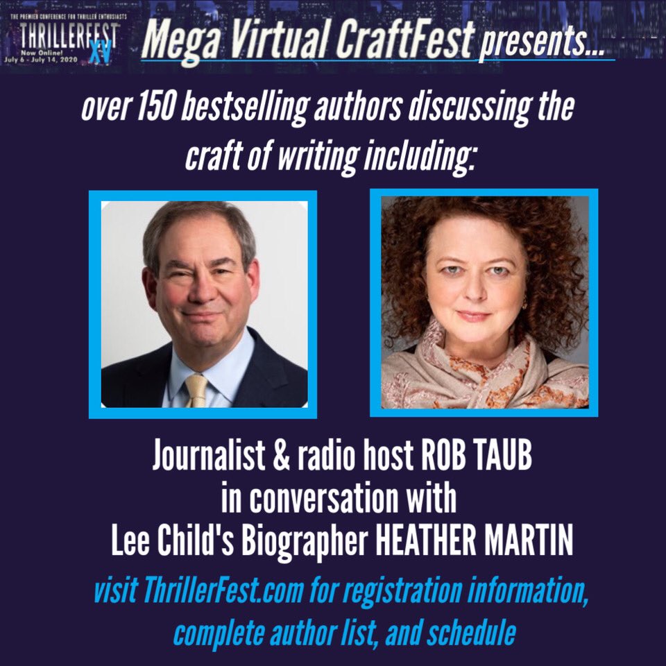 drheathermartin's tweet photo. This is happening this week at virtual #ThrillerFest. All things Lee Child with @robmtaub. #TheReacherGuy is out from @Pegasus_Books @simonschuster 29 Sept. https://t.co/DGEQEEoyTH