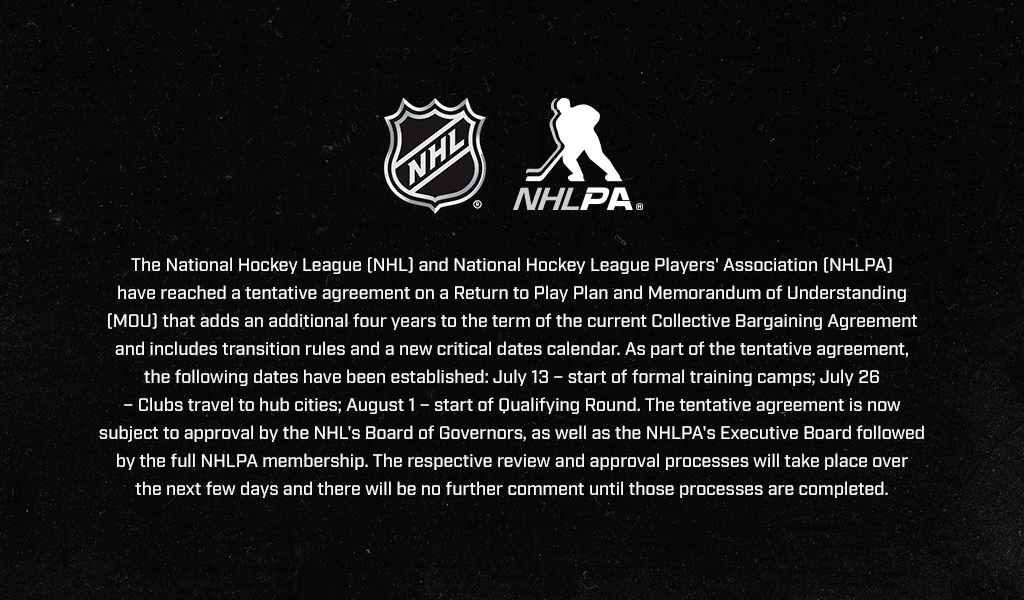 NHLPA's tweet photo. The NHL and NHLPA have reached a memorandum of understanding on a return to play plan and a CBA that adds four years to the current agreement. This is now subject to approval by both parties: https://t.co/YsqsiiIrkW https://t.co/8QQT4SgLRK