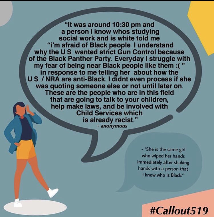 TCeekrs's tweet photo. TW: ANTI BLACKNESS 
Thank you for sharing your stories using #callout519 and sending them to theceekrs@gmail.com

We will make racists uncomfortable. We cannot provide them anymore room to spew such hateful rhetorics and get away with it! https://t.co/4ah7ADwWVj