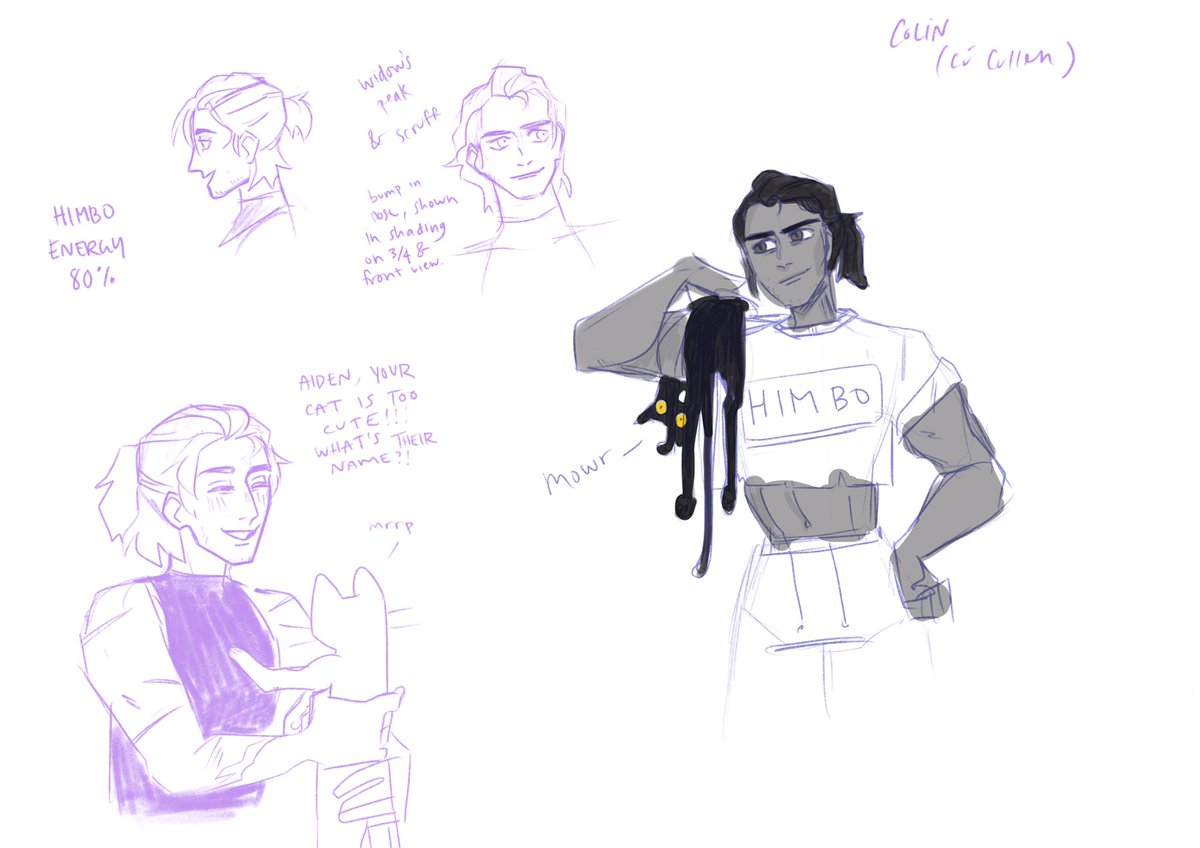 First round of sketches for Colin (based on the story of Cú Chulainn but likes to study beasts and not really much into fighting). His muscles are so big so he can hug the animals better. Himbo percentage at 80/100 mostly big idiot who respects women and animals
