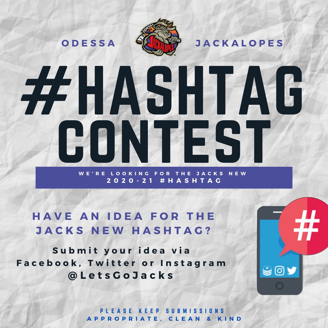 LetsGoJacks's tweet photo. We are looking for the Jacks new 2020-21 hashtag and we want YOUR help! #️⃣
Submit your suggestions @LetsGoJacks using the hashtag #OdessaJacksHashtagContest
Previously used hashtags include ➡️ #LetsGoJacks #Hop2Victory #BestComeOutWest #GetJacked #JacksAreHoppin https://t.co/Km44DvI3GR