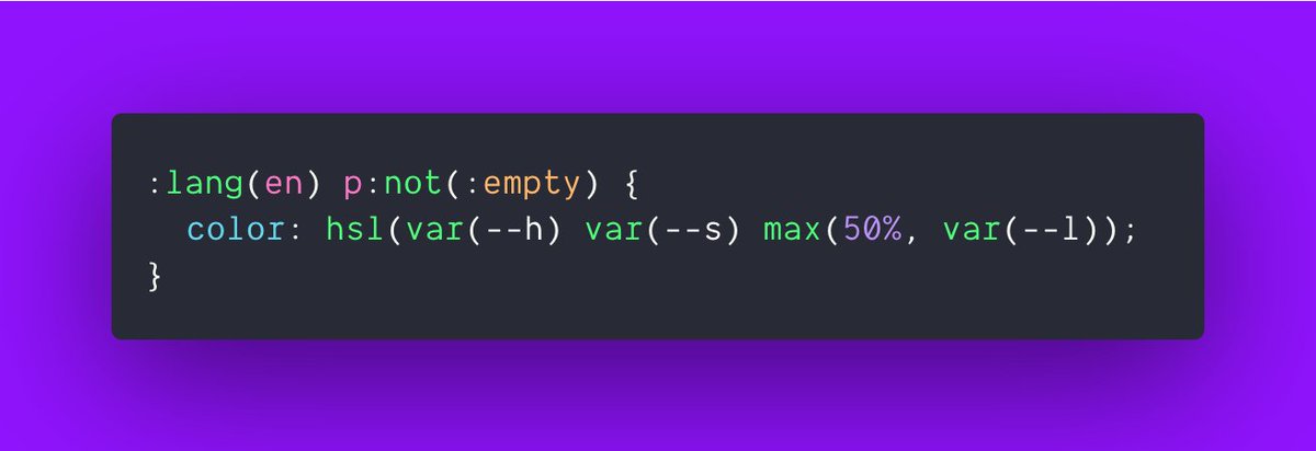 argyleink's tweet image. functional programming with CSS 😂
- functional color notation
- functional selectors
- math functions

select &amp;gt; where &amp;gt; map 👀

```
:lang(en) p:not(:empty) {
  color: hsl(var(--h) var(--s) max(50%, var(--l));
}
```

CSS is FP? 
naturally more declarative than FP could ever be?